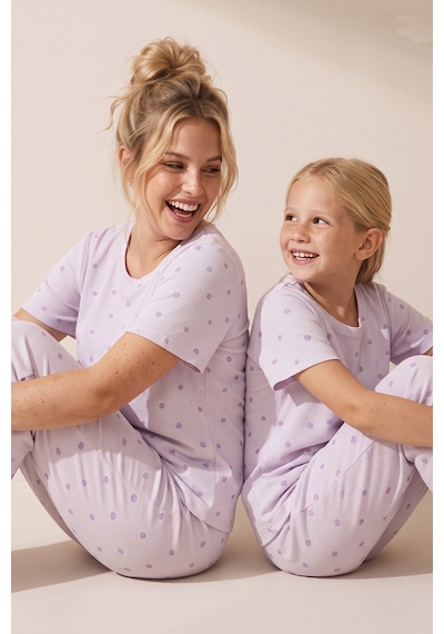 Siyah İnci Pamuklu Fitilli Kaşkorse Örme Pijama Takım 26120402 Lila Mor Çiçek