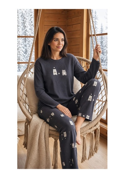 Pemilo Kadın 8811-7 Berlin Uzun Kol Sıfır Yaka Pijama Takım Füme