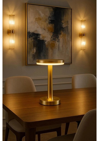 Gold Mantar Masa Lambası 3 Renk Modlu Kablosuz Şarjlı Dekoratif Metal Led Abajur Altın