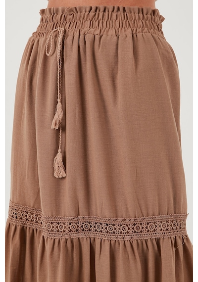Lela Güpürlü Beli Lastikli Uzun Bayan Etek 611Et0106 Camel