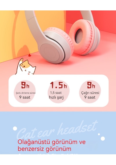 P47m Cat Ear Çocuk Baş-kulak Bluetooth Kulaklık-siyah