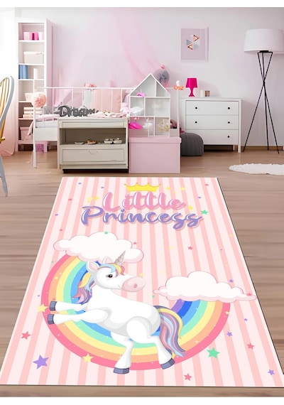 Gökkuşağı Unicorn Çocuk Odası Halısı Pembe