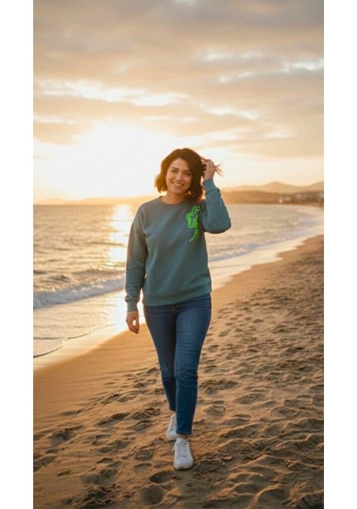 Diagonel Kumaş Çiçek İşlemeli Sweatshirt Yeşil Yeşil