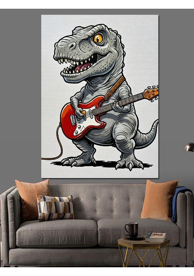 Dinozor Gitar Çalan Müzisyen Dekoratif Kanvas - Mdf Ahşap Tablo