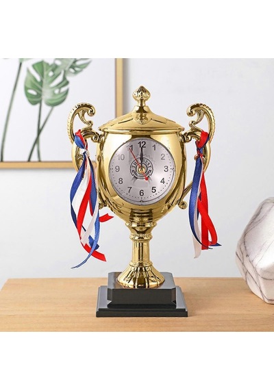Dekoratif Hediyelik Ödül Kupası Masa Saati Çalar Saat 21cm Gold
