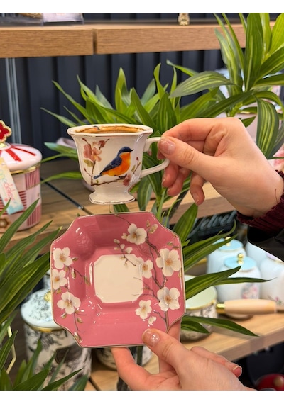 6 Kişilik Porselen Lavin Bird Pink Kahve Fincanı -5909 Pembe