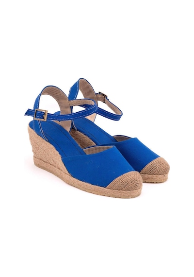 Star Tombis Gerçek Elişi Topuğu Açık Bilekten Bantlı Dolgu Topuk Keten Hasır Espadril Handmade Saks Saks Mavi