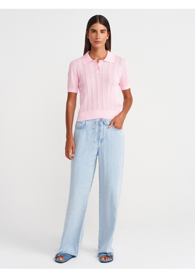 Dilvin 10781 Polo Yaka Düğmeli Ajurlu Triko Bluz-pembe Pembe