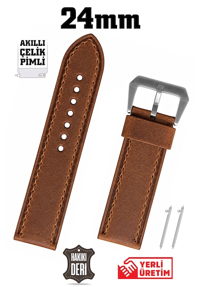 24mm Kahverengi Spor Crazy Nubuk Hakiki Deri Saat Kordonu Kayış Akıllı Pimli Gümüş