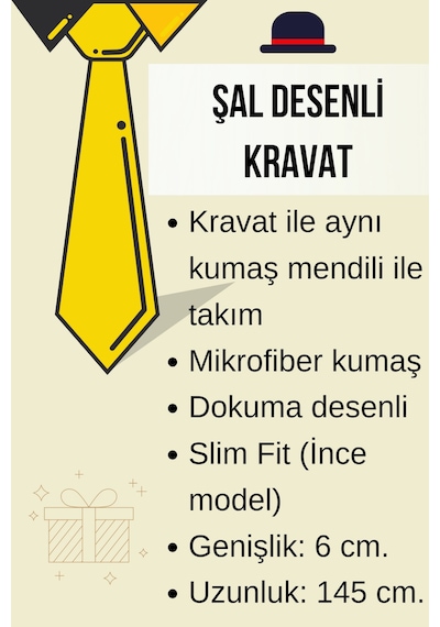 Gaffy Mavi Şal Desenli Lacivert Dokuma Kumaş Mendilli Slim Fit Kravat Lacivert - Mavi