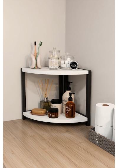 İki Raflı Banyo Köşe Oval Düzenleyici Organizer Raf Metal Gövdeli Çok Amaçlı Banyo Standı Beyaz