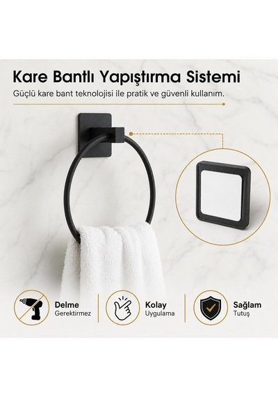 Siyah Kare Yuvarlak Havluluk, Yapışkanlı Ve Vidalı Montajlı Duvara Monte Halka Havlu Askısı, Mat Siyah Banyo Akse Çok Renkli