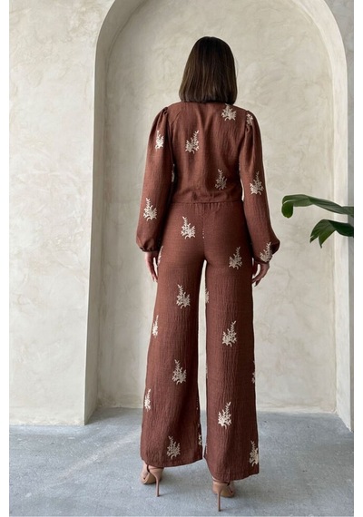 Verymoda Nakış Detaylı Keten Pantolon F1712 Kahve