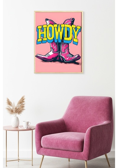Doğal Ahşap Çerçeveli Pop Art Desenli Tablo - Pembe-sarı Huhu1952