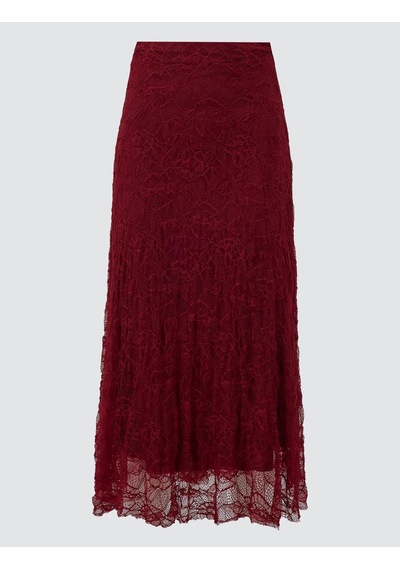 Jimmy Key Bordo Yüksek Bel Dantel Detaylı Örme Midi Etek 5ww075302562