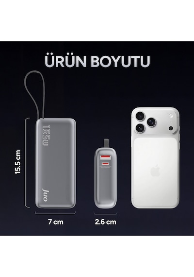 Juo 20000mah 165w Led Ekranlı Type-c Kablolu Powerbank Usb-a + Usb-c Apple Uyumlu Macbook Notebook Telefon Taşınabilir Pd Hızlı Şarj Cihazı Gri