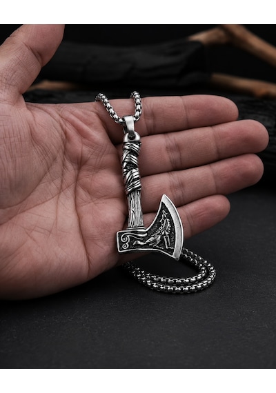 Paslanmaz Çelik Iskandinav Norse Gotik Tarz Viking Balta Erkek Kolye Antik Gümüş