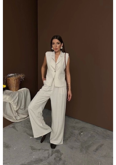 Defymoda Bej Keten Yelek Pantolon Takım Bej
