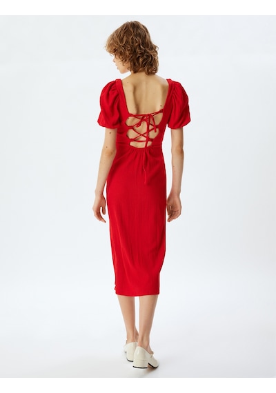 Koton Balon Kol Elbise Bodycon Midi Boy Kare Yaka Sırtı Bağcıklı Yırtmaç Detaylı Kırmızı 4sal80193ık Kırmızı Koton Balon Kol Elbise Bodycon Midi Boy Kare Yaka Sırtı Bağcıklı Yırtmaç Detaylı Kırmızı 4sal80193ık Kırmızı