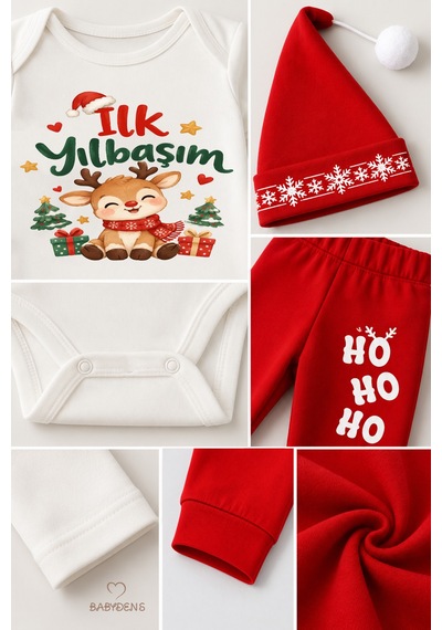 Babyden's Bebek Yılbaşı Takımı İlk Yılbaşım Baskılı Noel Kıyafeti %100 Pamuk 3'lü Body Pantolon Noel Şapkası Yılbaşı Kostüm Beyaz - Kırmızı