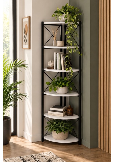 Sulorahome 6 Raflı Köşe Kitaplık Ve Saksılık Standı Beyaz Antrasit