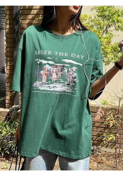 Flood Of Style Kadın Nefti Yeşili Seize The Day Baskılı Oversize T-shirt Yeşil
