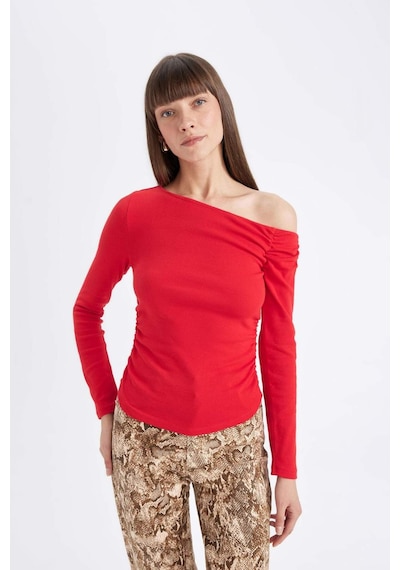 Defacto Kırmızı Slim Fit Dar Kesim Tek Omuzlu Ribana Basic Düz Uzun Kollu Tişört D4970AX24AURD117 Kırmızı