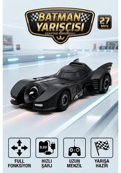 Uzaktan Kumandalı Batman Bat Mobil 6 Fonksiyonlu Uzun Menzilli Hızlı Sarjlı 22 Cm Yarış Arabası Siyah