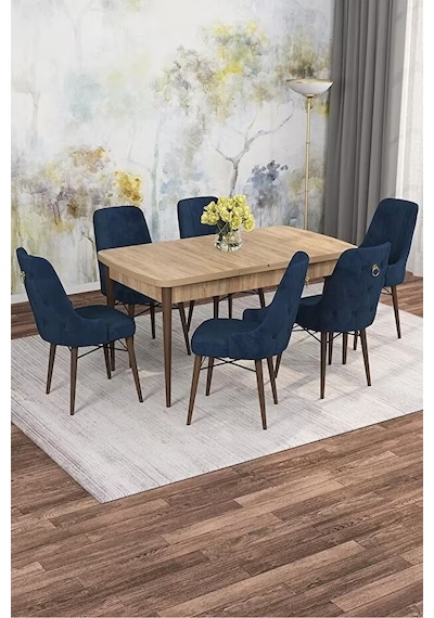 Zümra Serisi, Meşe Desen 80x132 Açılabilir Mdf Mutfak Masası Takımı 6 Adet Sandalye Lacivert Zümra Serisi, Meşe Desen 80x132 Açılabilir Mdf Mutfak Masası Takımı 6 Adet Sandalye Lacivert