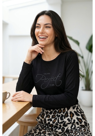Mataş Kadın Desenli Bambu Viskon Uzun Kollu Soft Örme Mevsimlik Yumuşak Pijama Takımı Siyah