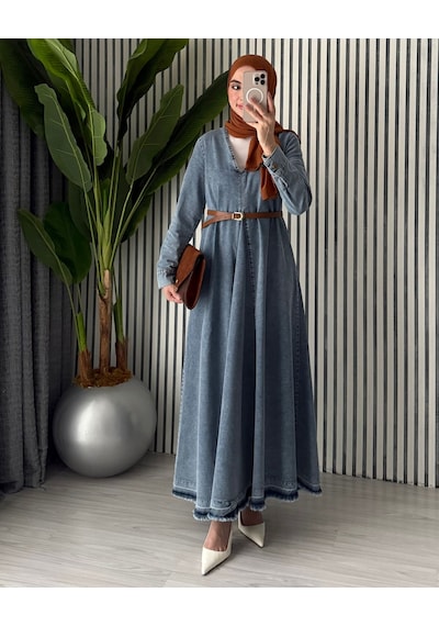 Molly Nelly Kadın V Yaka Pile Detaylı Oversize Kot Tesettür Elbise Mavi