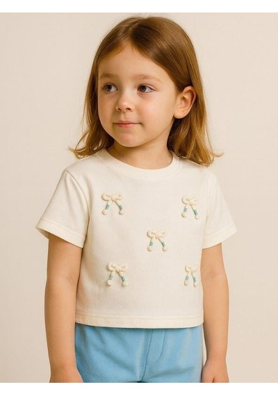 Nk Kids Kız Çocuk Fiyonk İşlemeli Pamuklu T-shirt-15965 Ekru Mavi