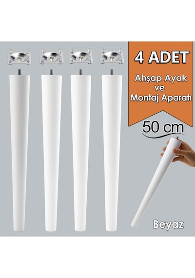 4 Adet Ahşap Ayak 50 Cm Beyaz M8 Civatalı Bağlantı Aparatlı Mobilya Tabure Sehpa Masa Destek Ayağı Beyaz
