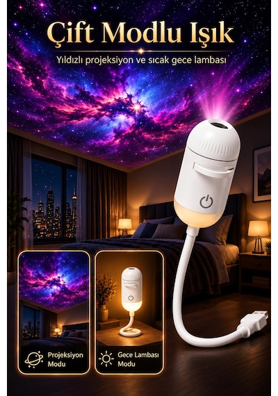 Usb Galaksi Projektör Led Gece Lambası 360 Ayarlanabilir 12 Filmli 2 Si 1 Arada Ambiyans Işık Gl-001 Beyaz