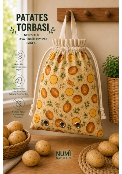 Numı Naturals Nefes Alan Patates Saklama Torbası %100 Pamuklu Büzgülü Patates Depolama Çantası 40x40 Cm Çok Renkli