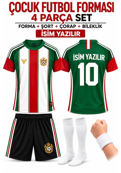 Yenteks İsim Yazılır Çocuk Futbol Forması Yeşil Beyaz T Özel Tasarım 4 Parça Forma+şort+çorap+bileklik Beyaz - Yeşil