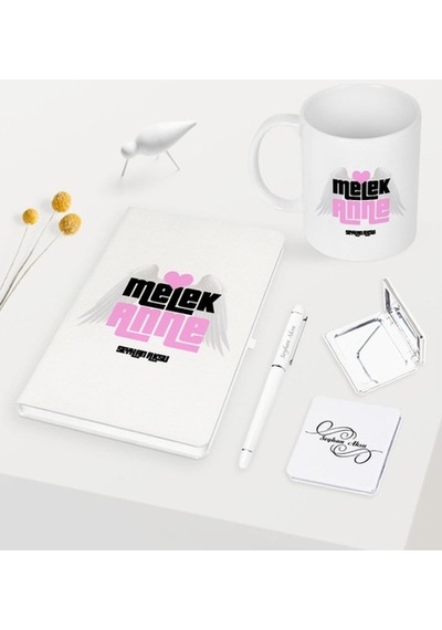 Kişiye Özel Melek Anne Beyaz Defter Kalem Kupa Ayna Seti