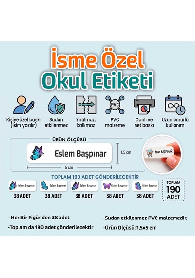 Kapbirhediye Okul Etiketi Isme Özel Kalem Defter Etiketi Kelebek Temalı 190 Adet Çok Renkli