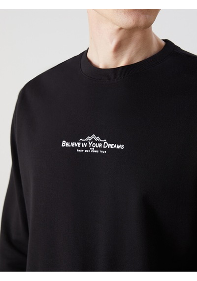 Lcwaıkıkı Classic Siyah Bisiklet Yaka Uzun Kollu Baskılı Erkek Sweatshirt