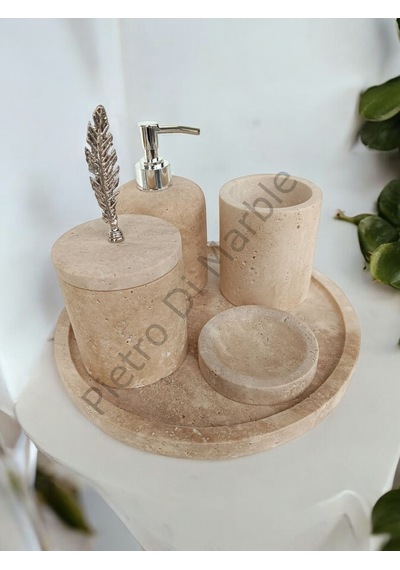 Sarı Traverten Klasik Model 5 Parça Gümüş Renk Kuş Tüyü Aksesuarlı Banyo Seti Sarı Traverten