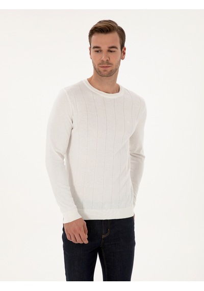 Cacharel Ekru Slim Fit Pamuk Karışımlı Bisiklet Yaka Triko Kazak Bej