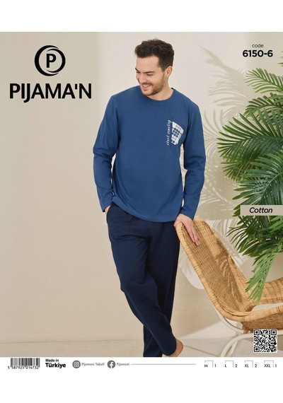 Pijamoni Erkek Pamuklu Bisiklet Yaka Uzun Kol İnce Pijama Takımı 6150/6 - 1 Adet Mavi