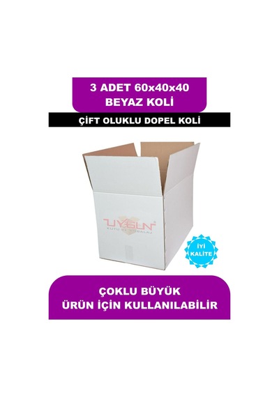 3 Adet 60x40x40 Beyaz Çeyiz Kolisi, Taşıma Kolisi, Boş Karton Koli, Çift Oluklu