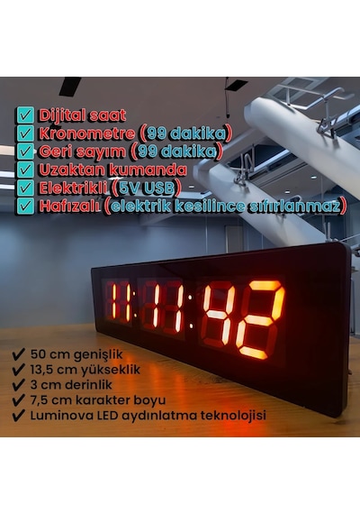 Upway 50x13,5 Kumandalı Büyük Dijital Duvar Saati Kronometre - Geri Sayım Luminova Led Teknolojisi Siyah - Kırmızı