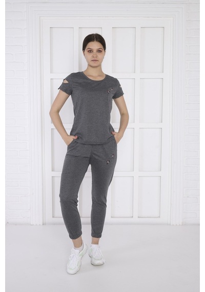 Kadın Spor G3 Melanj Alt-üst T-shirt Takım-3937 - M Koyu Gri Melanj