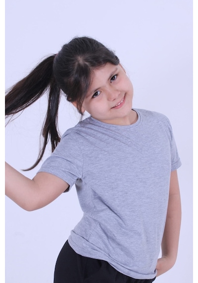 Fyk Kids Baskısız, Düz Bisiklet Yaka Kız Çocuk Tişört Gri