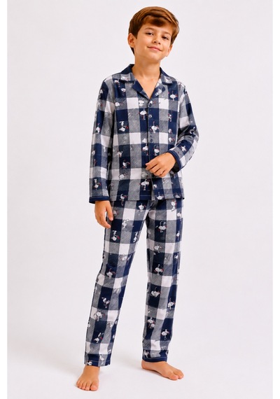 Free Beka Erkek Çocuk Önden Düğmeli Kareli Ve Karakter Desenli Uzun Kollu Pijama Takımı Turkuaz