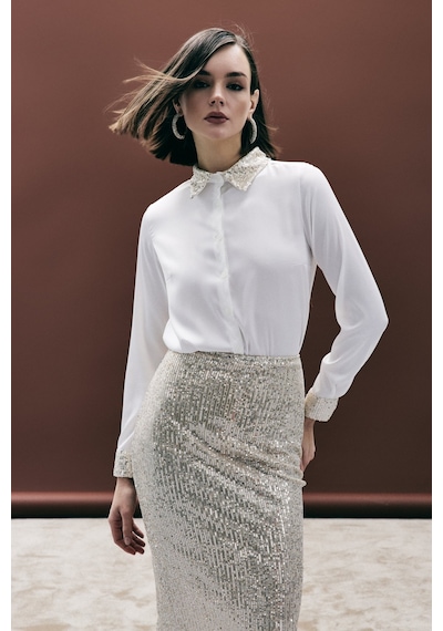 Sateen Payet Detaylı Saten Gömlek - Bej-136686 bej