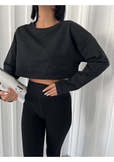 Siyah Crop Bisiklet Yaka Sweatshirt Siyah