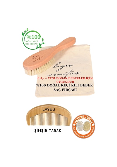 Layes Doğal Keçi Kılı Bebek Saç Fırçası ve Doğal Ahşap Tarak
